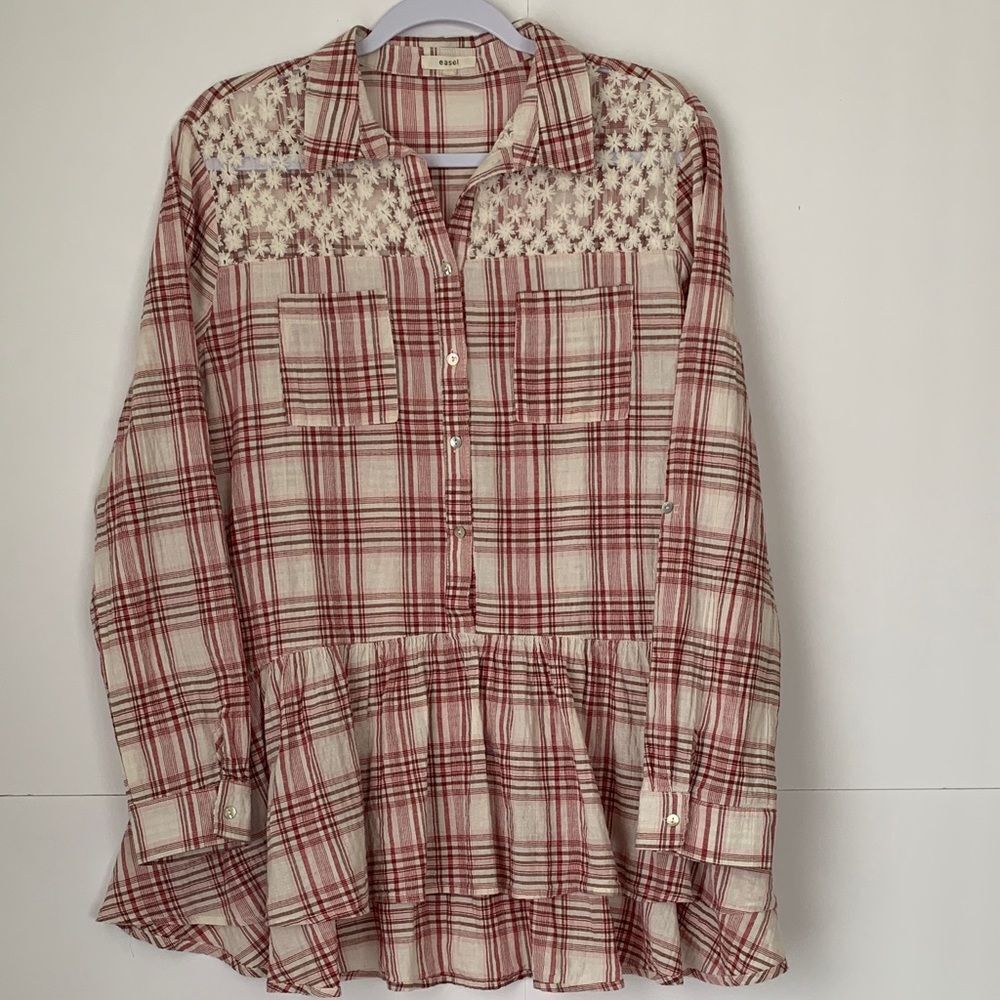 Easel Red Plaid Button-Up Blouse Tunic Lightweight Size L
